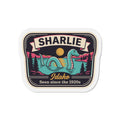 Die-cut magnet badge: SHARLIE Idaho retro Loch Ness monster with moon and trees