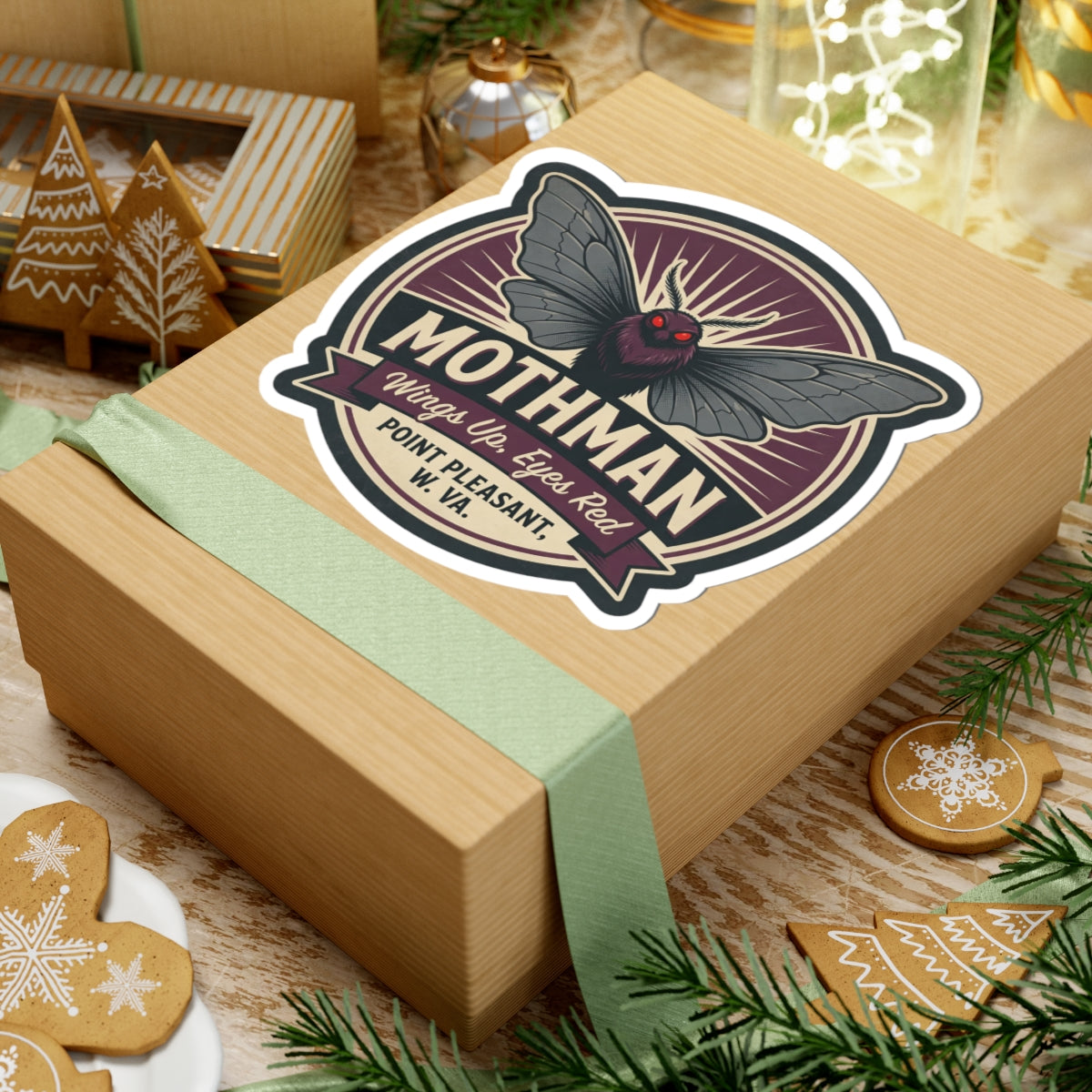 Mothman emblem kiss-cut sticker on wrapped gift, round badge with dark wings and red eyes