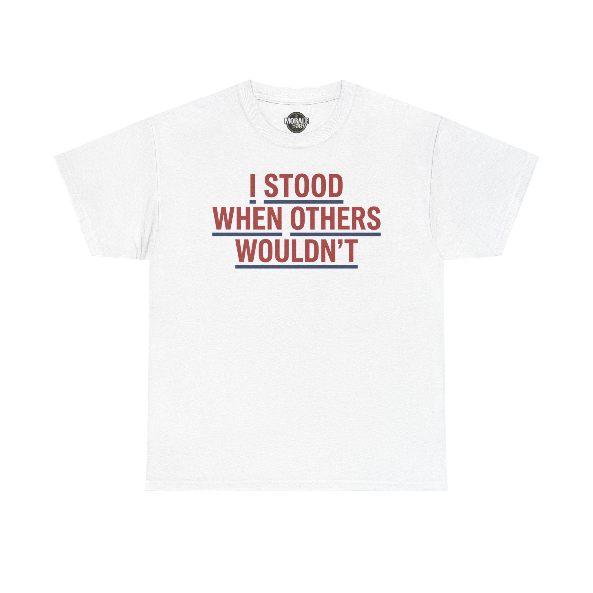 White T-shirt with red and gray slogan graphic, crew neck