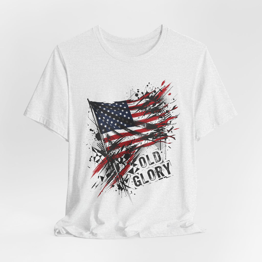 Distressed American flag t-shirt, white, crew neck, front graphic