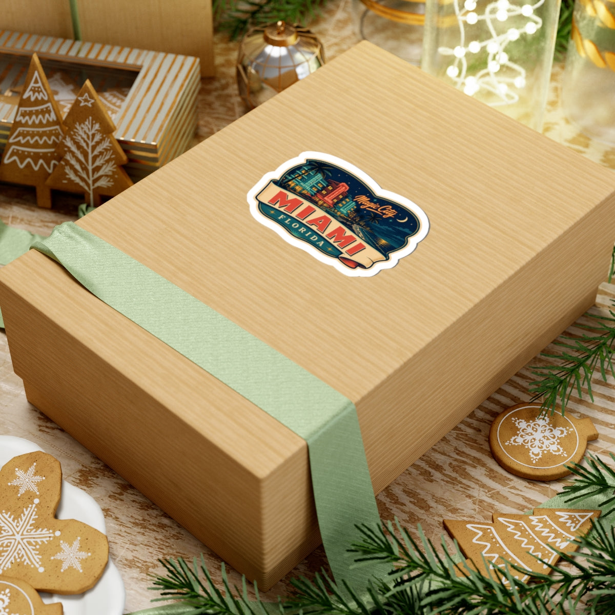 Miami Florida luggage tag sticker on gift box lid, colorful skyline and palm