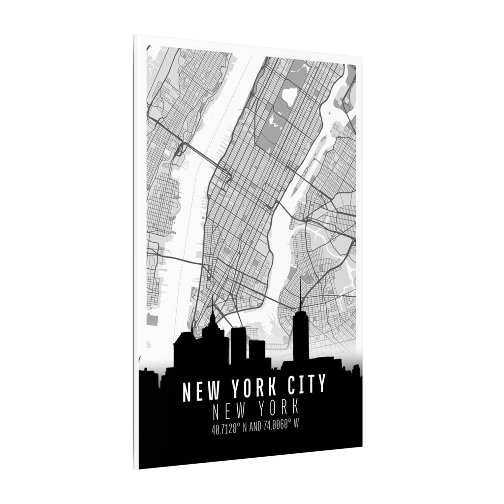 New York City skyline canvas map with street grid, black skyline band, and city lettering