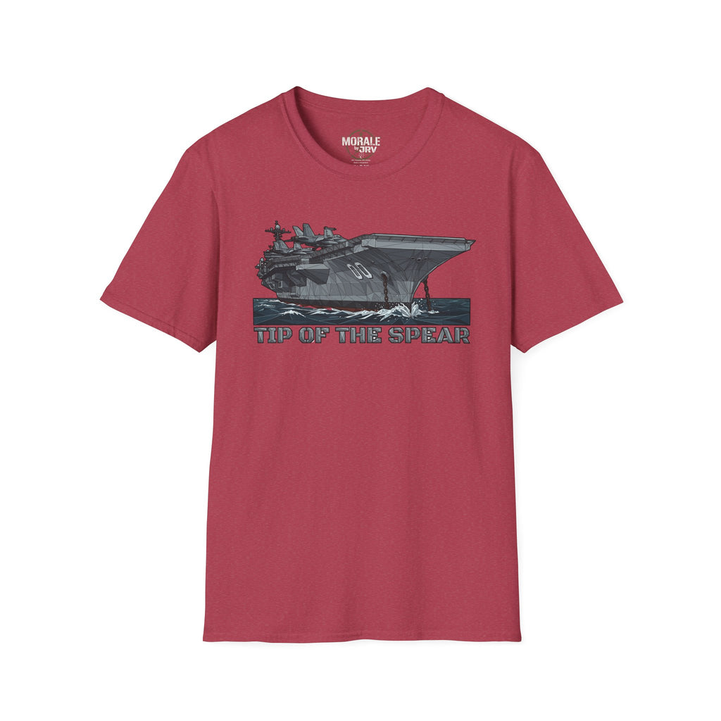 Burgundy T-shirt with 'TIP OF THE SPEAR' aircraft carrier front graphic