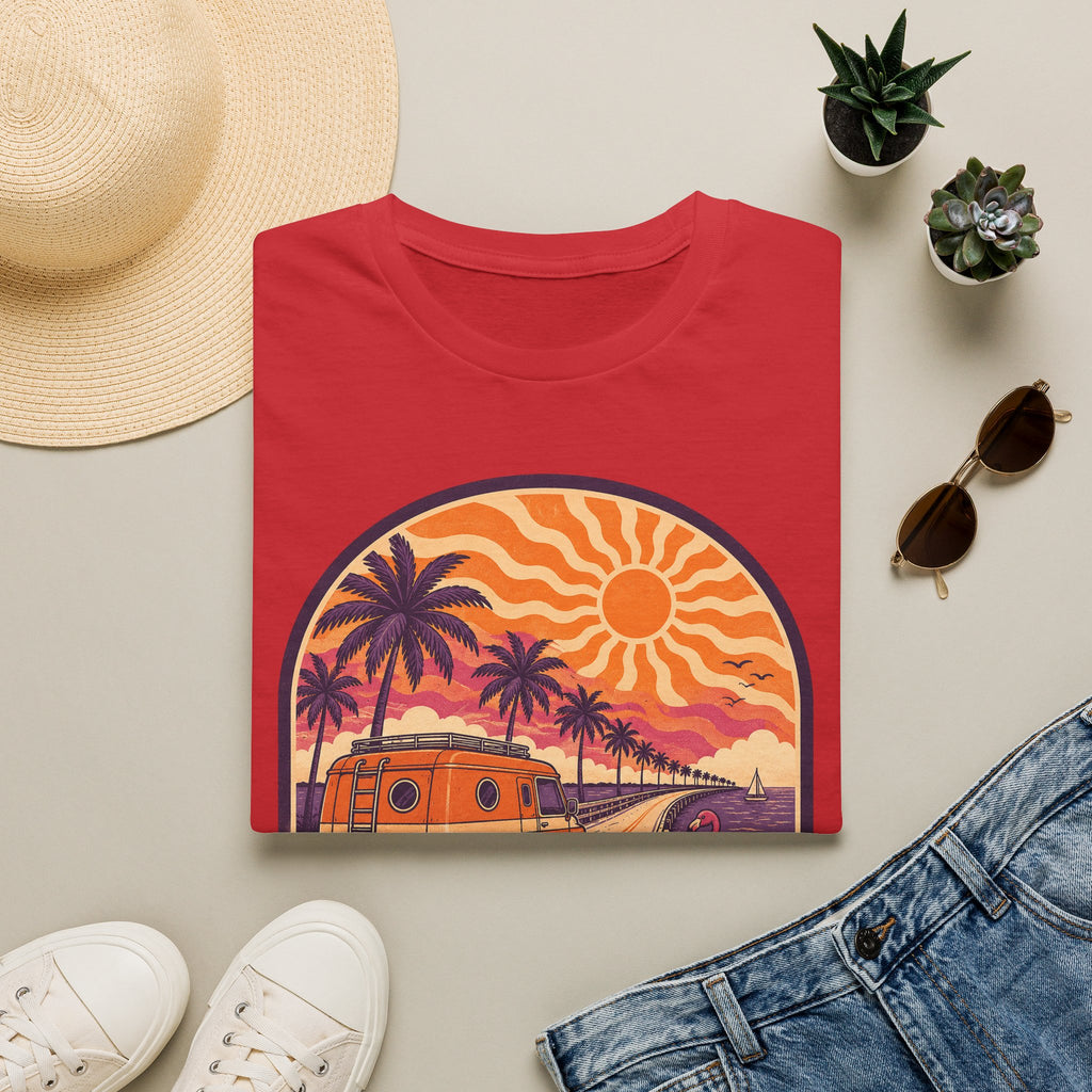 Unisex T-shirt in red with retro orange van and palm sunset graphic on front.
