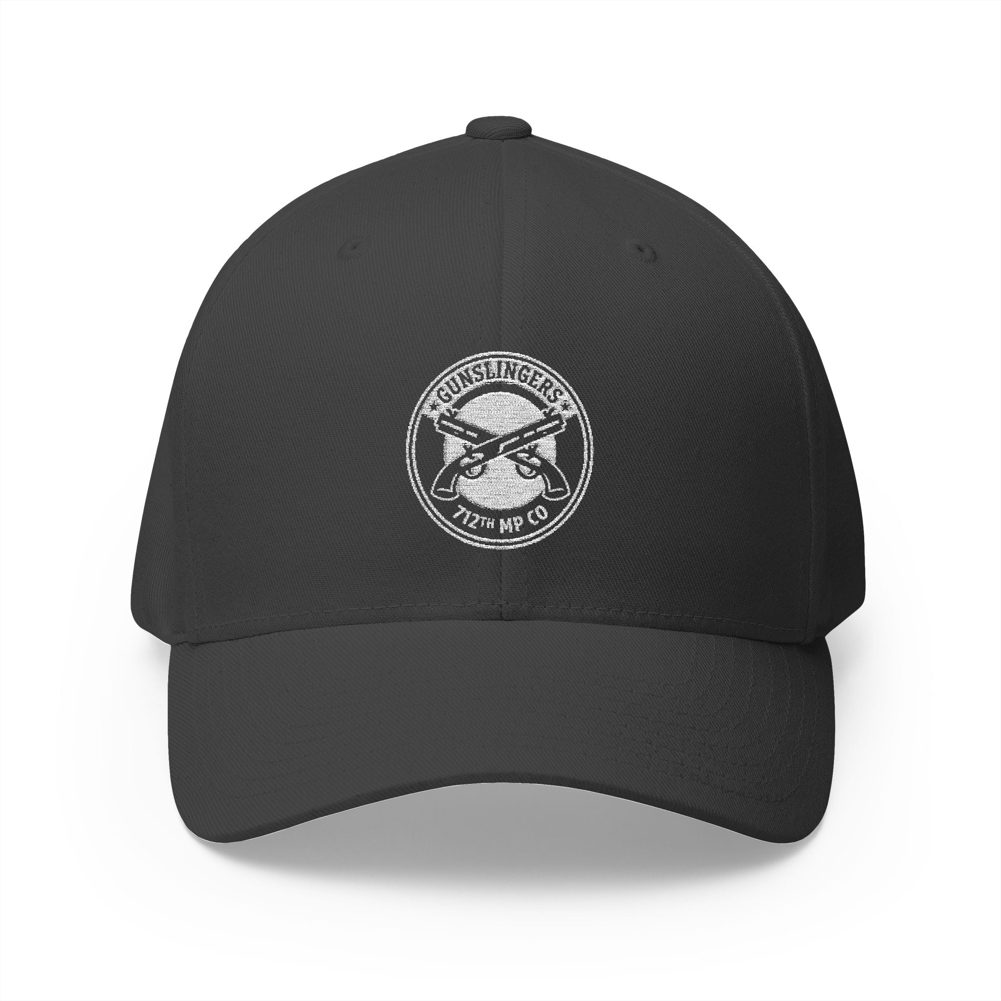 Embroidered baseball cap, dark grey with circular white emblem at center