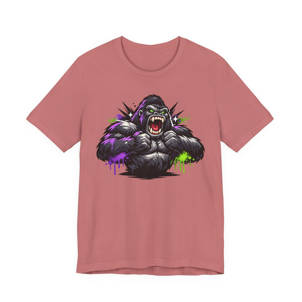 Dusty rose graphic gorilla tee with roaring ape illustration and purple/green neon paint drips