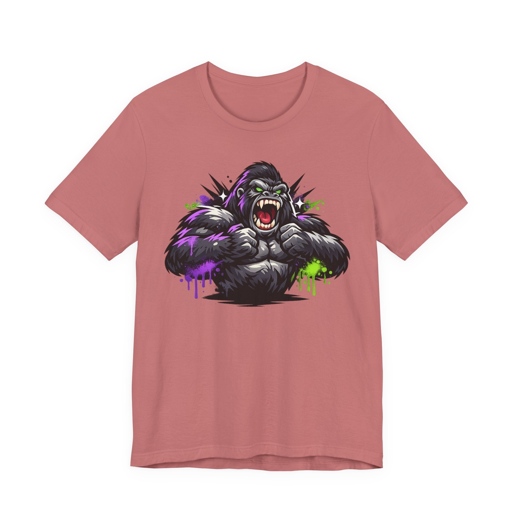 Dusty rose graphic gorilla tee with roaring ape illustration and purple/green neon paint drips