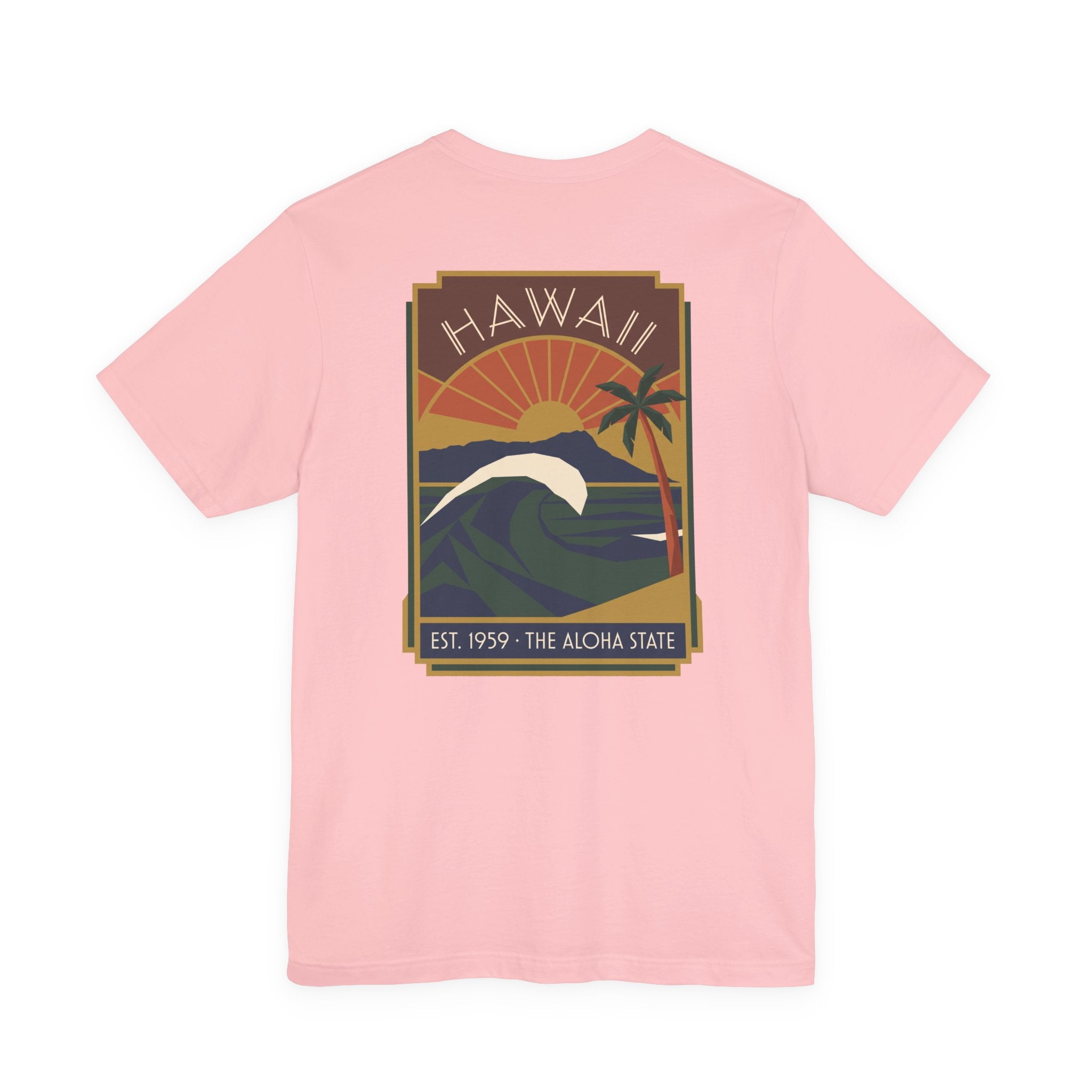Pink T-shirt with rectangular Hawaii surf sunset graphic on the chest