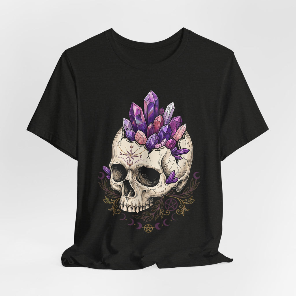 Crystal Skull T-Shirt on black: front skull with purple crystal crown