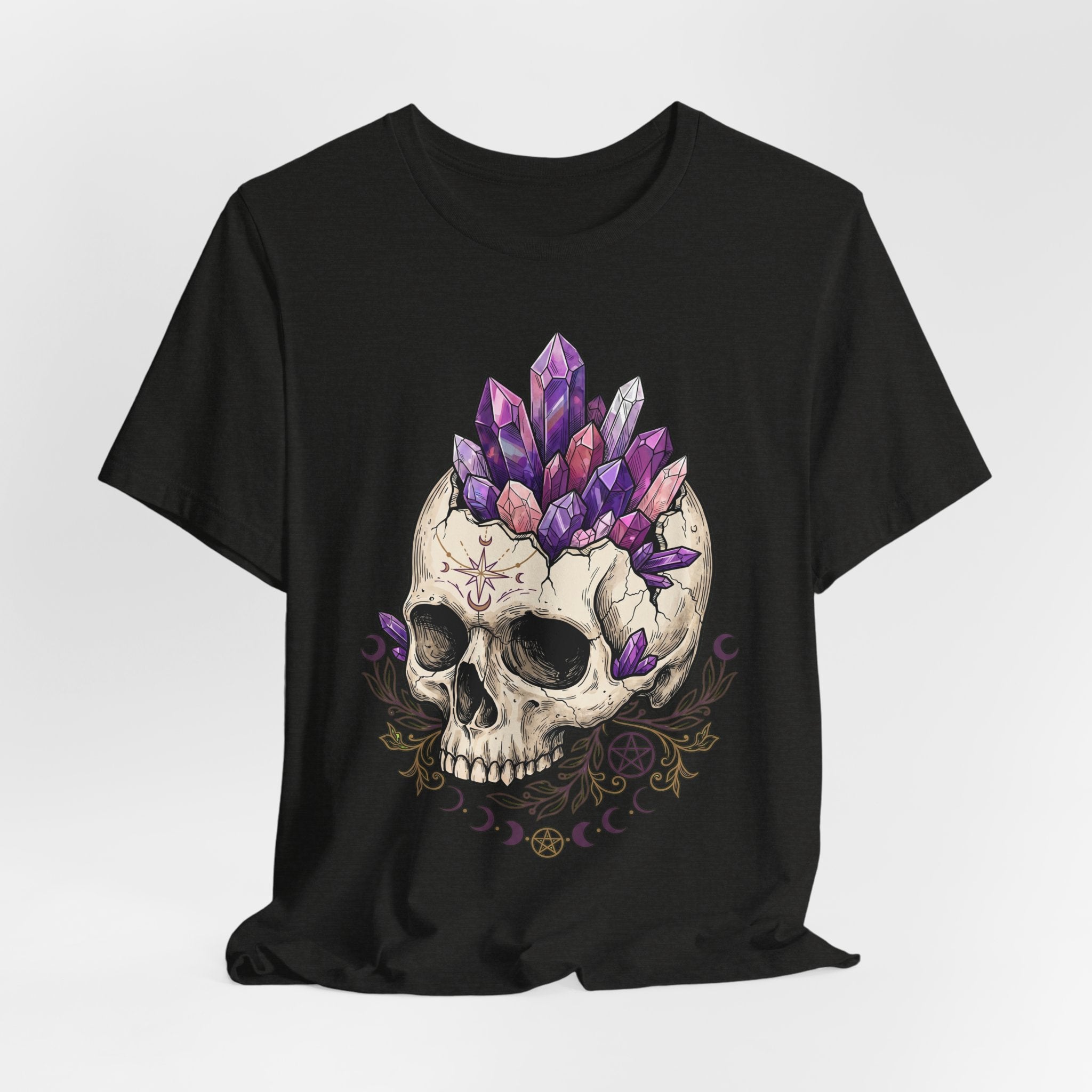 Crystal Skull T-Shirt on black: front skull with purple crystal crown