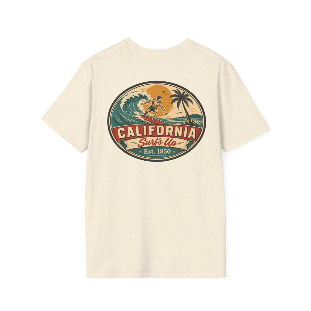 Light beige T-shirt with large oval California Surf's Up graphic on the chest