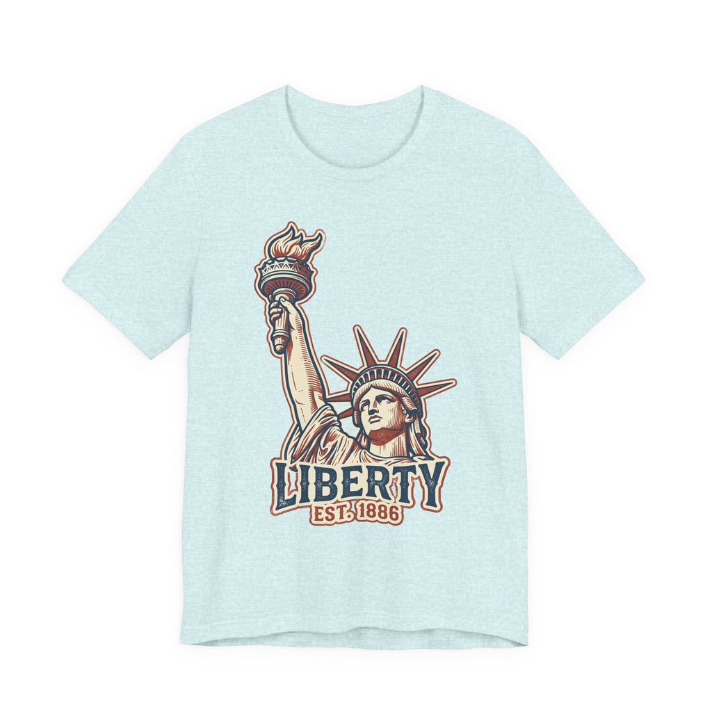 Heather aqua crewneck graphic T-shirt with Statue of Liberty and “LIBERTY EST. 1886”