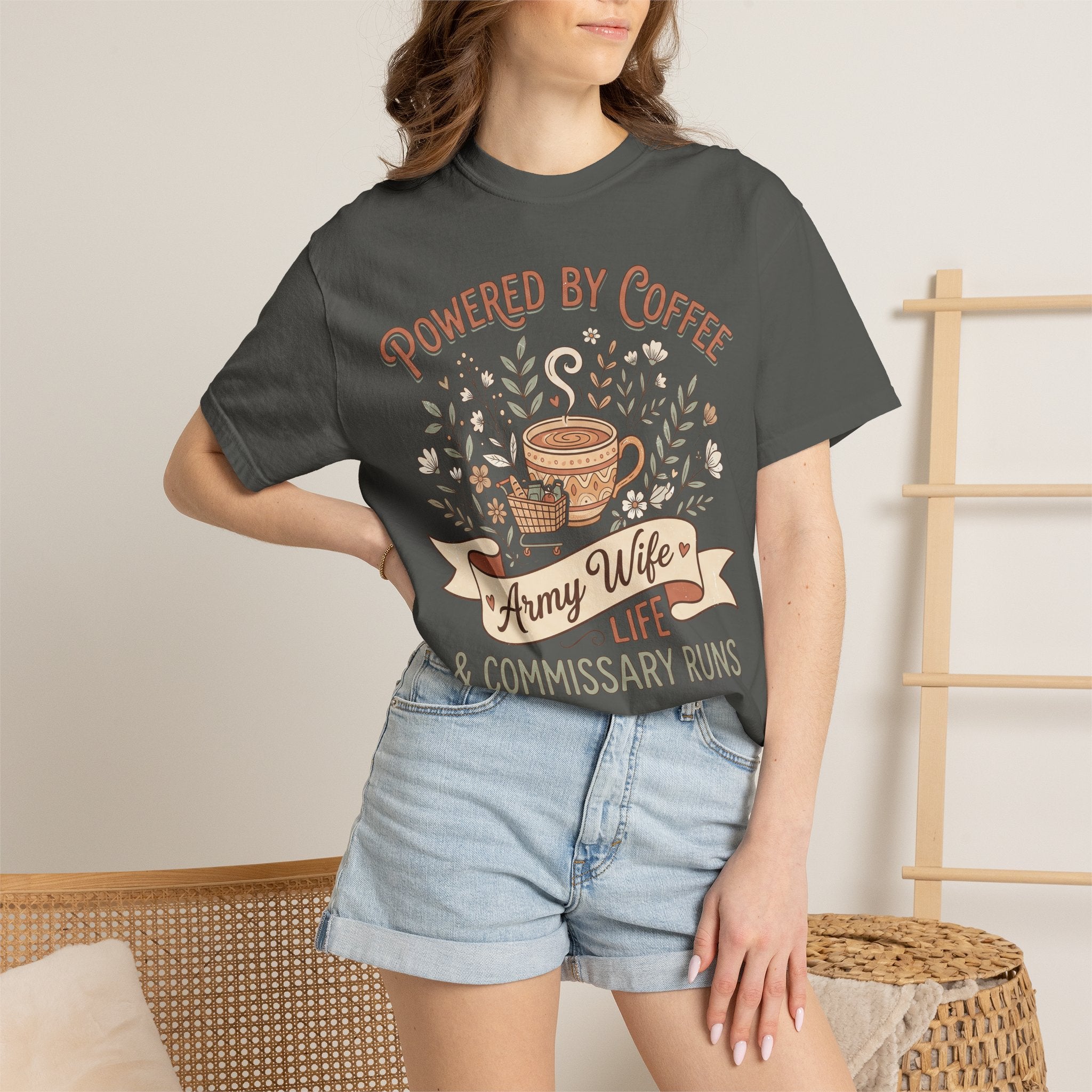 Dark gray T-shirt worn by woman with coffee-themed 'Army Wife' text and coffee cup art