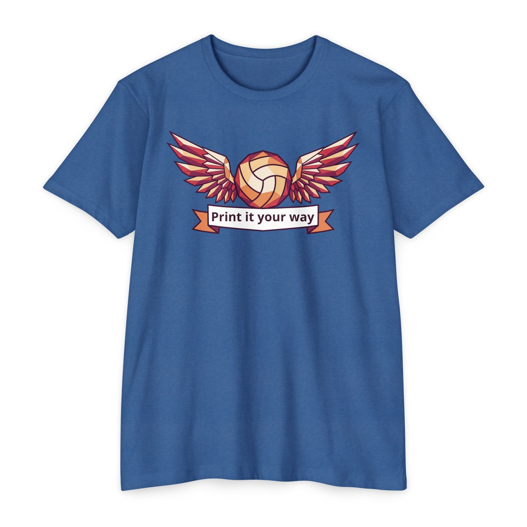Navy unisex volleyball graphic T-shirt with winged ball emblem on front