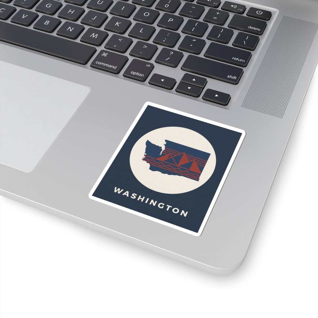 Washington graphic sticker, tilted navy square with cream circle, state map, bridge, and WASHINGTON