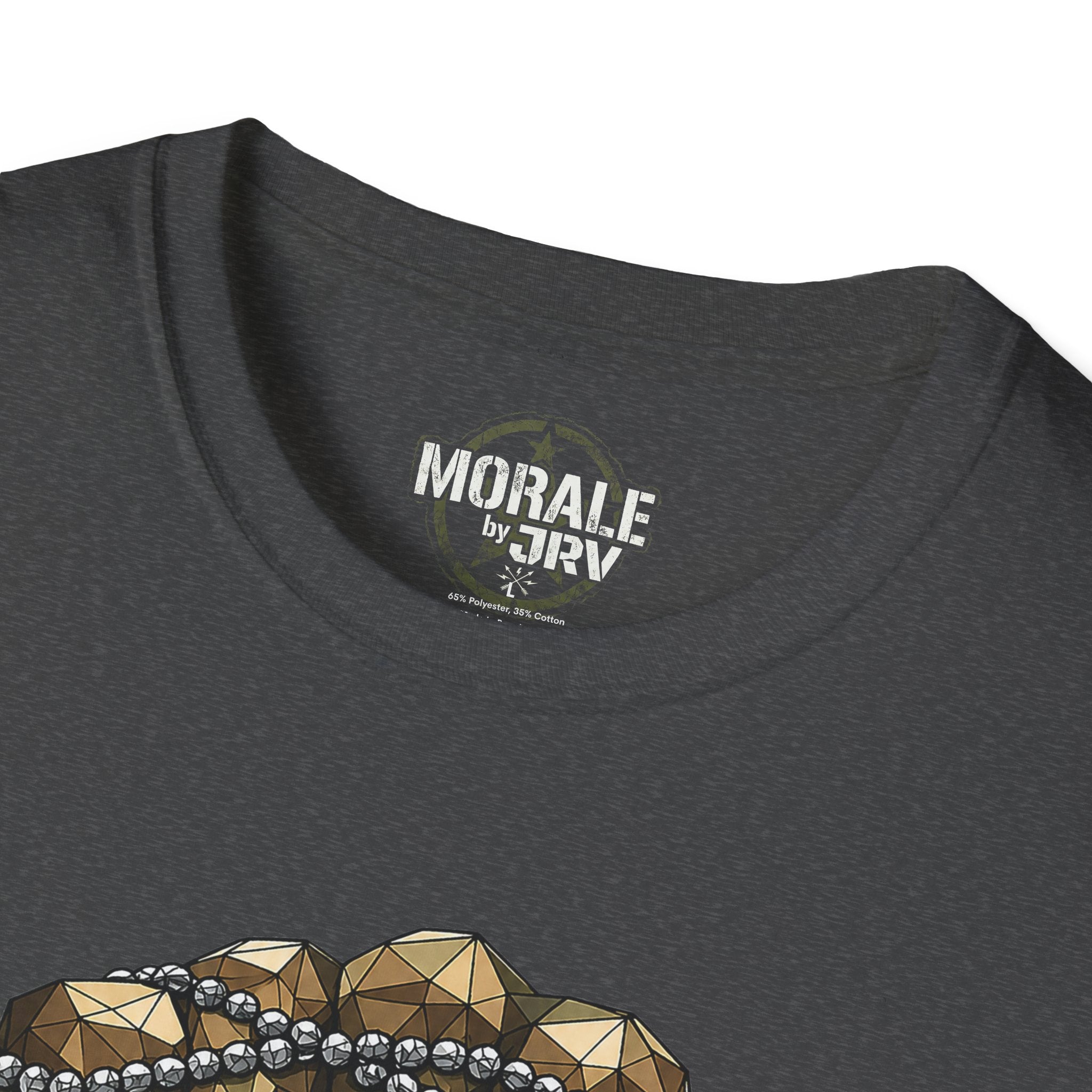 Dark heather tee: 'Morale TRV' logo at collar, top of dog-tag graphic