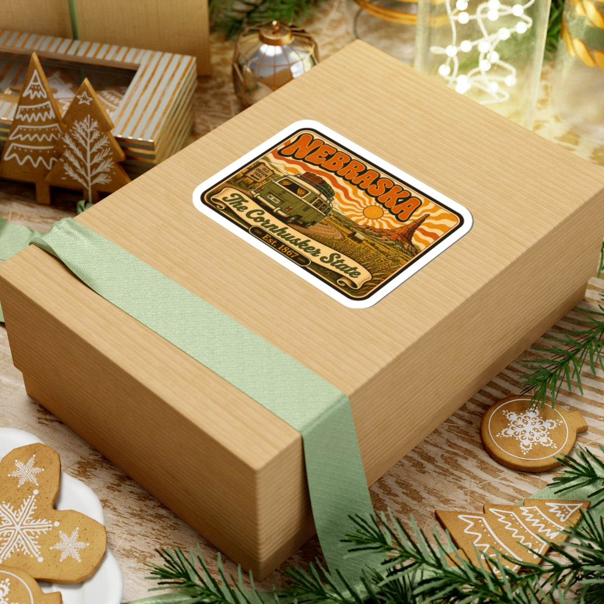 Nebraska vintage van kiss-cut sticker on wrapped gift with Est. 1867 text