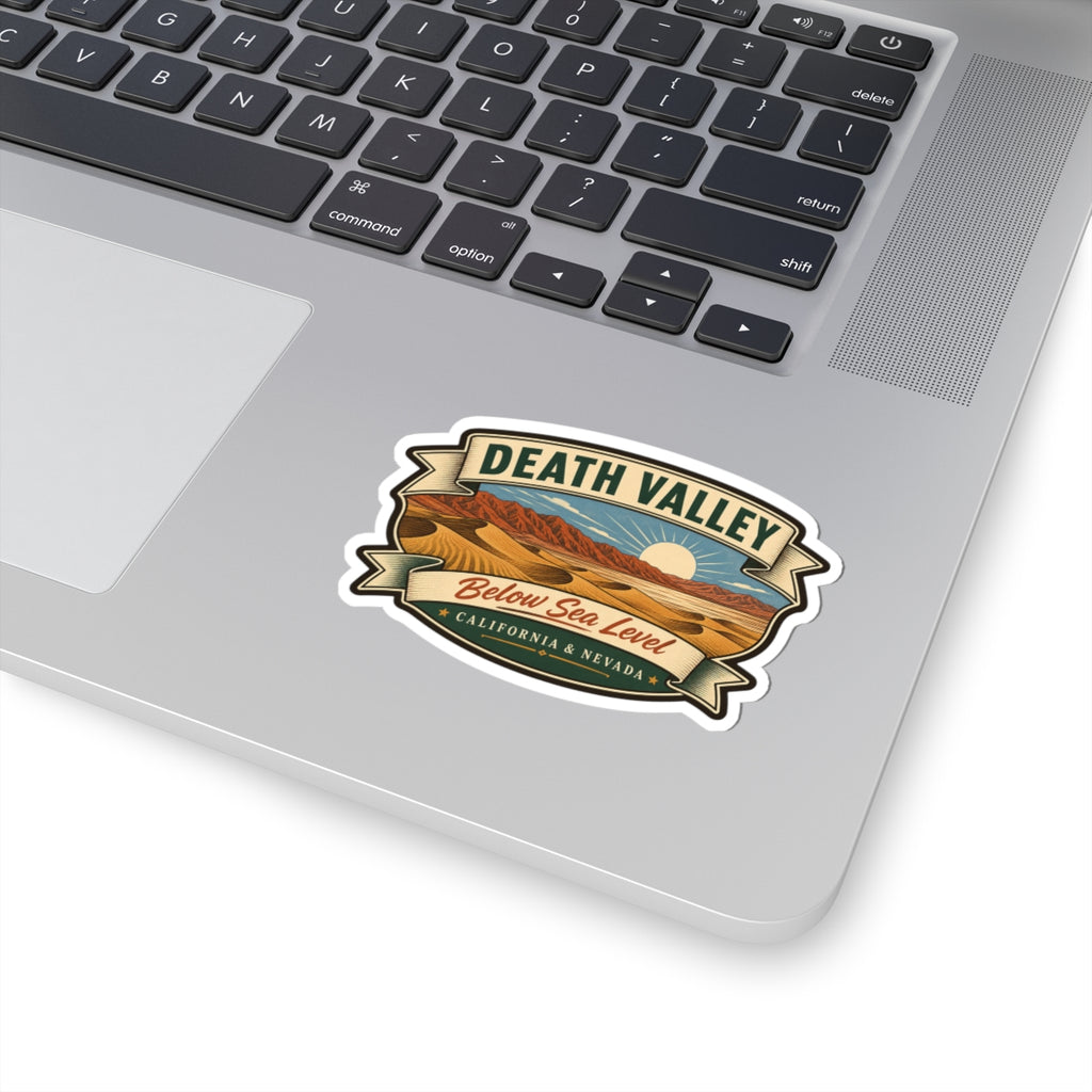 Small die-cut sticker with “Death Valley” title and desert “Below Sea Level” badge