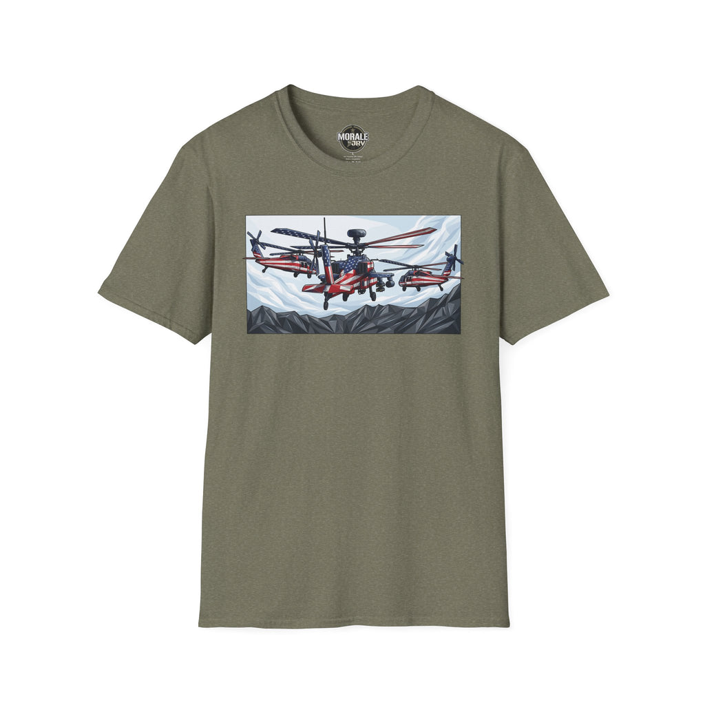 Olive green T-shirt with attack helicopter graphic on chest