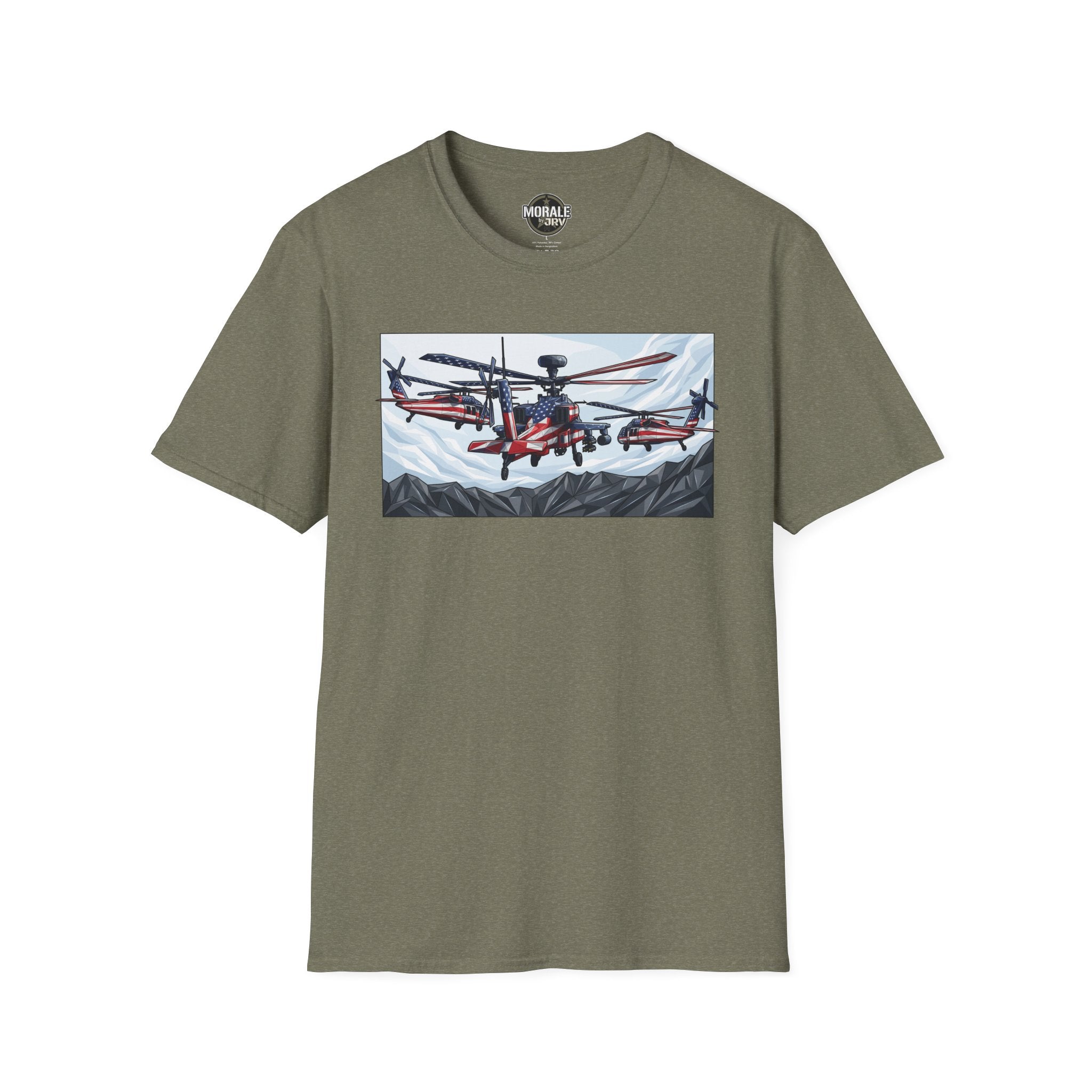 Olive green T-shirt with attack helicopter graphic on chest