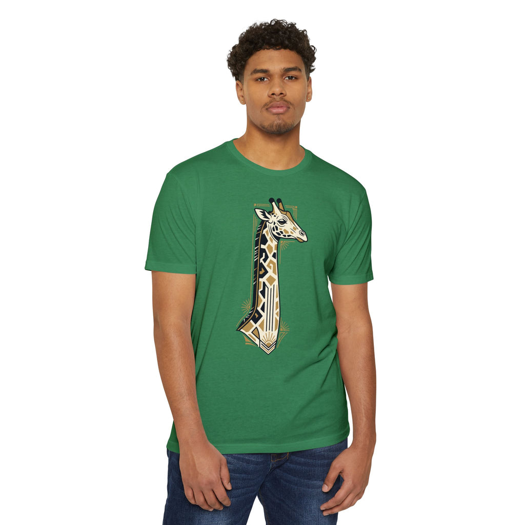 Green crew-neck T-shirt with short sleeves and giraffe art graphic on front.