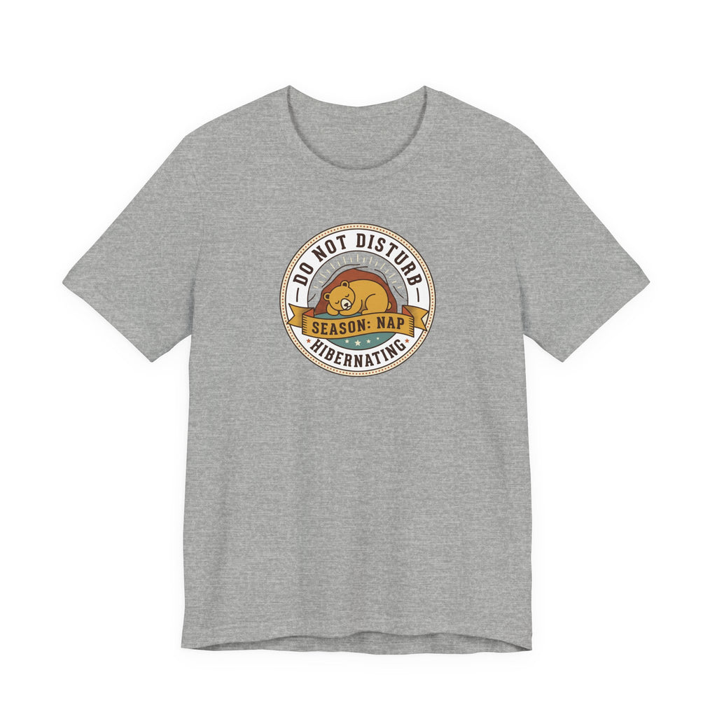 Medium grey heather T-shirt with hibernating bear "Do Not Disturb" circular graphic