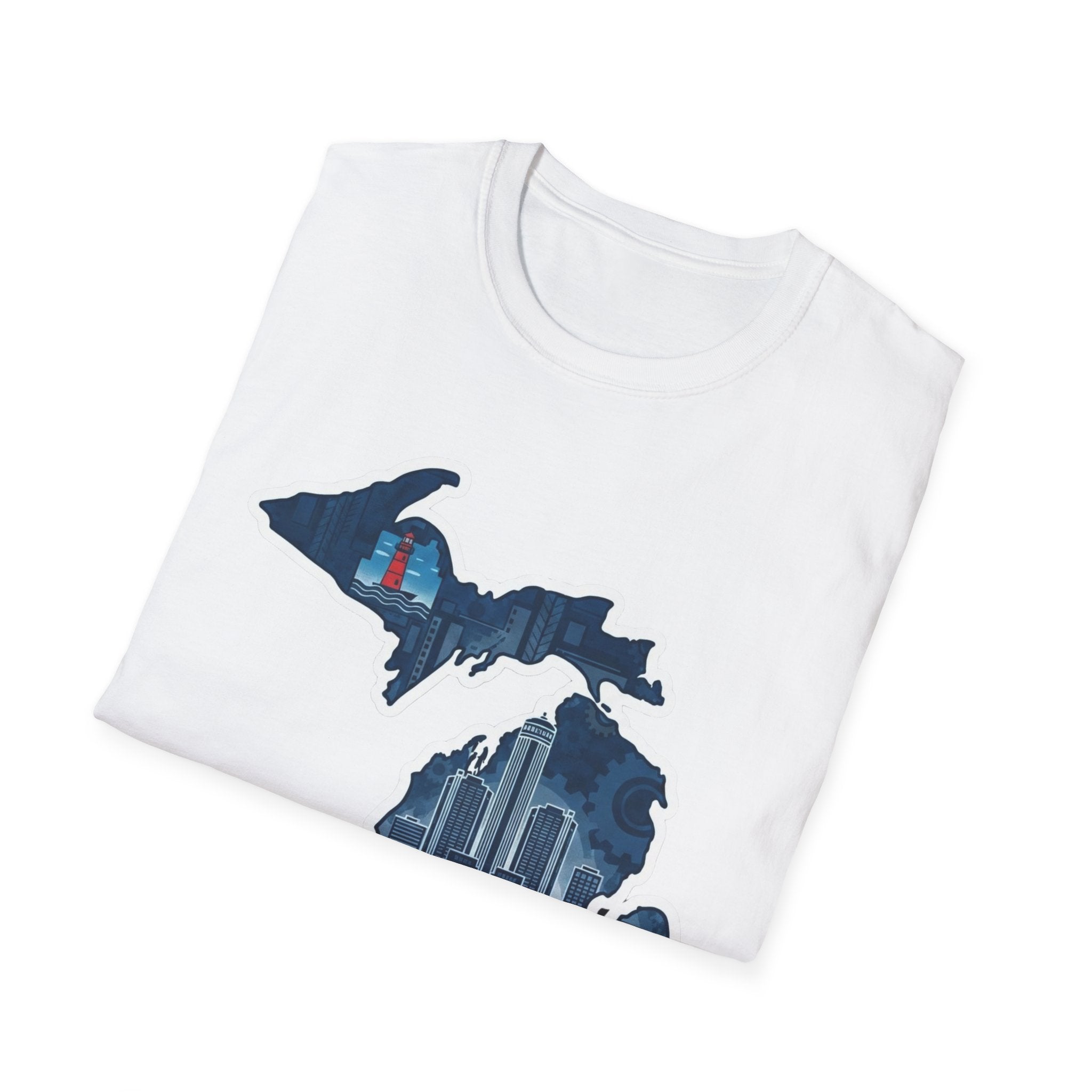 I Am Michigan T-shirt, white, Michigan map skyline graphic on the chest