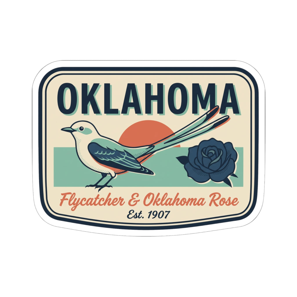 Oklahoma state badge sticker with flycatcher bird and dark rose illustration