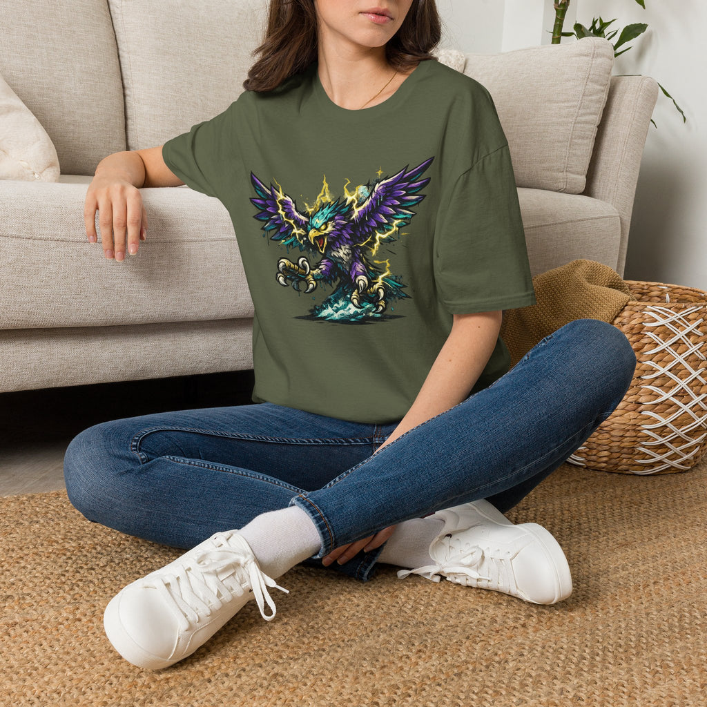 Military green crew-neck T-shirt with colorful lightning bird graphic on chest