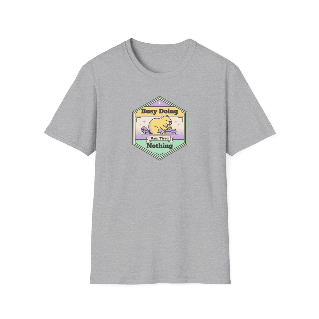 Heather gray crewneck T-shirt with colorful sloth graphic badge