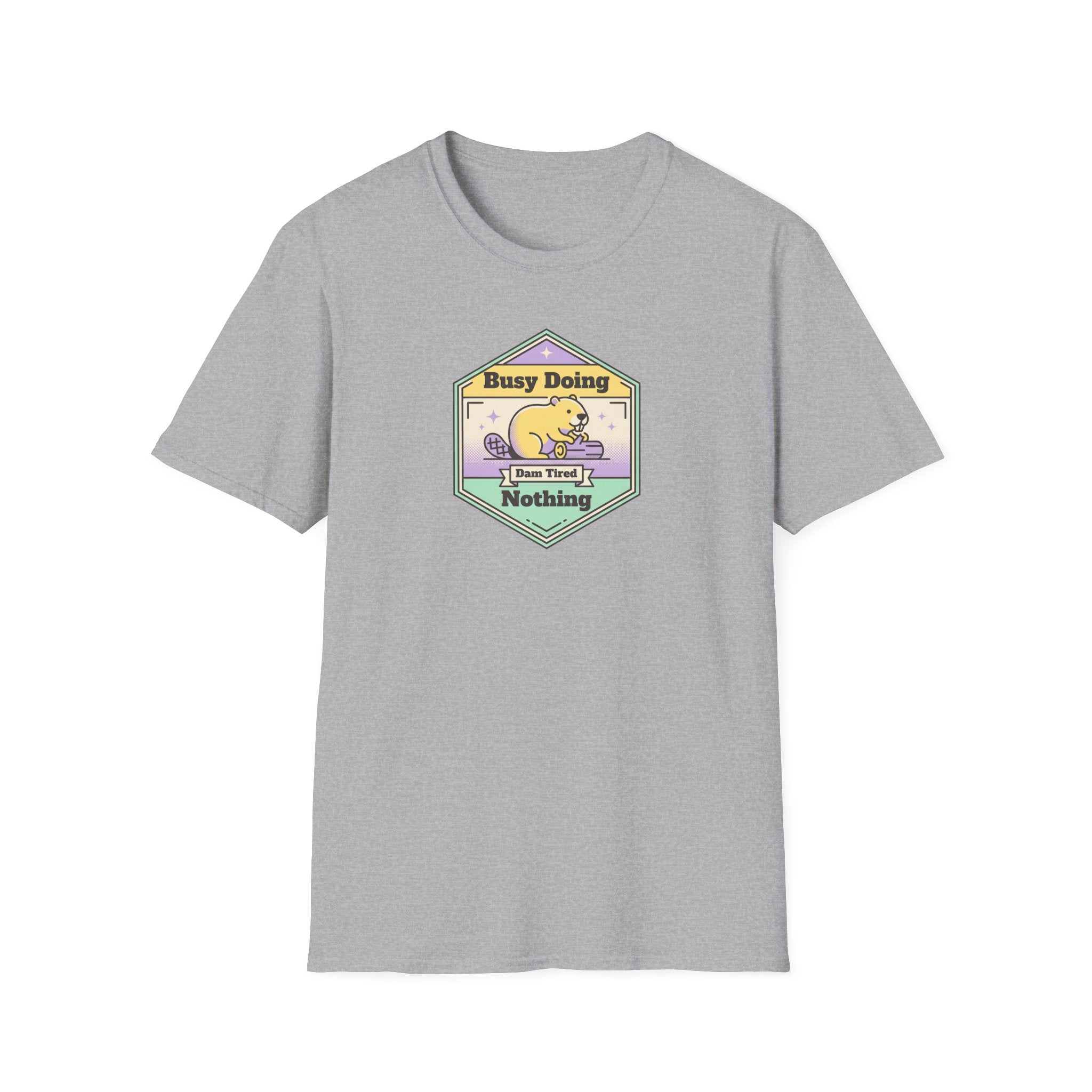 Heather gray crewneck T-shirt with colorful sloth graphic badge