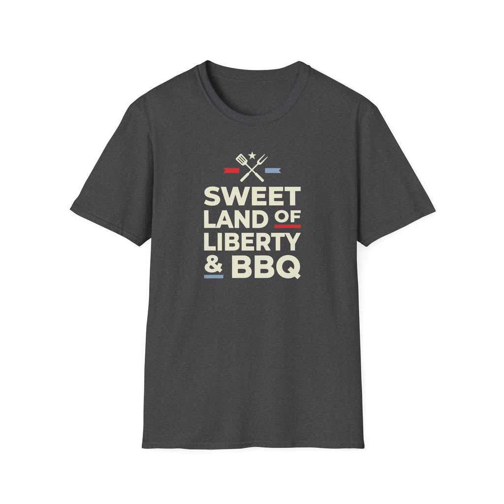 Charcoal crew-neck T-shirt with 'Sweet Land of Liberty & BBQ' graphic
