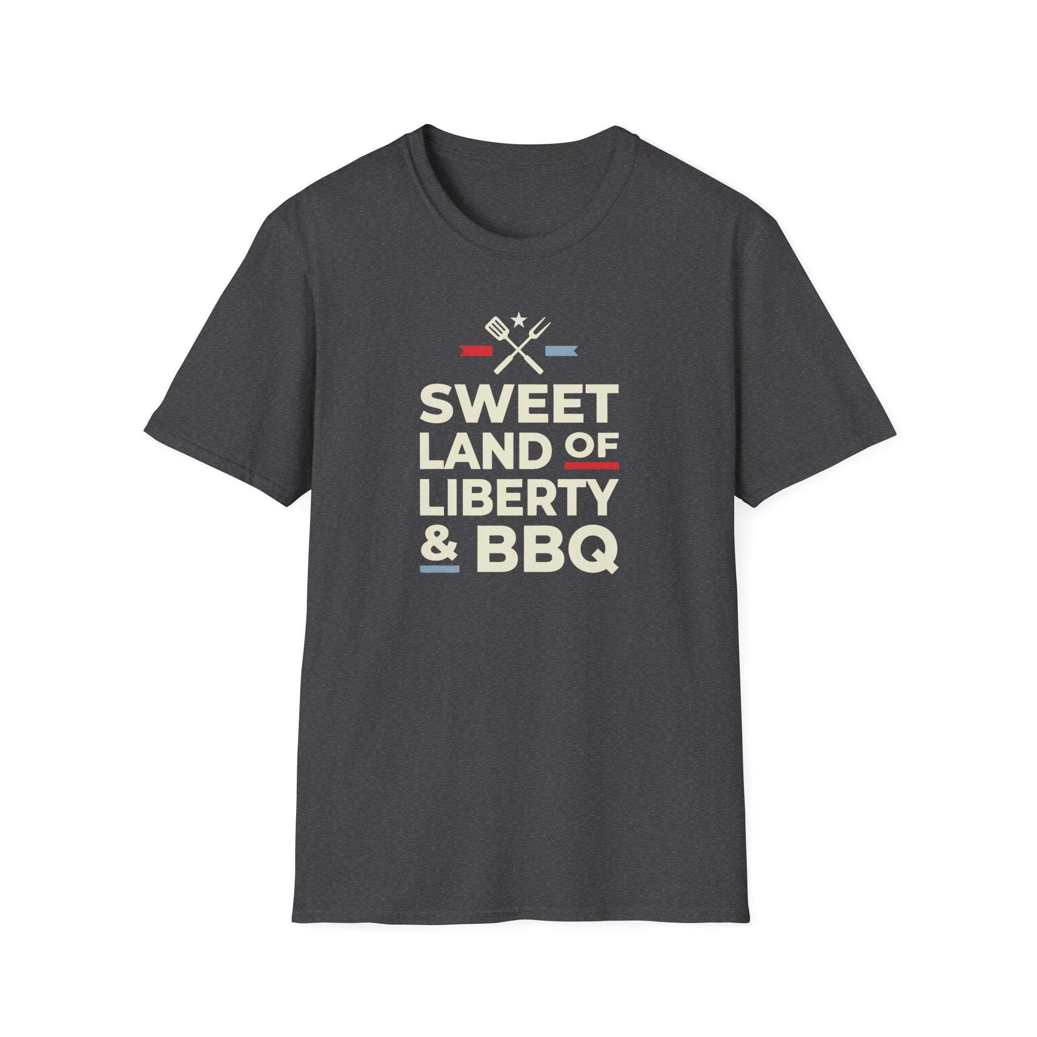 Charcoal crew-neck T-shirt with 'Sweet Land of Liberty & BBQ' graphic