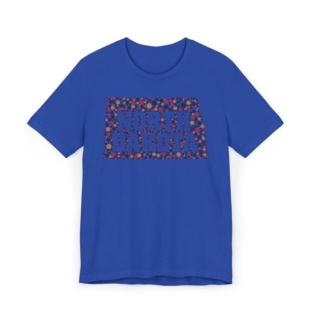 Royal blue T-shirt with colorful “NORTH DAKOTA” floral map graphic on front