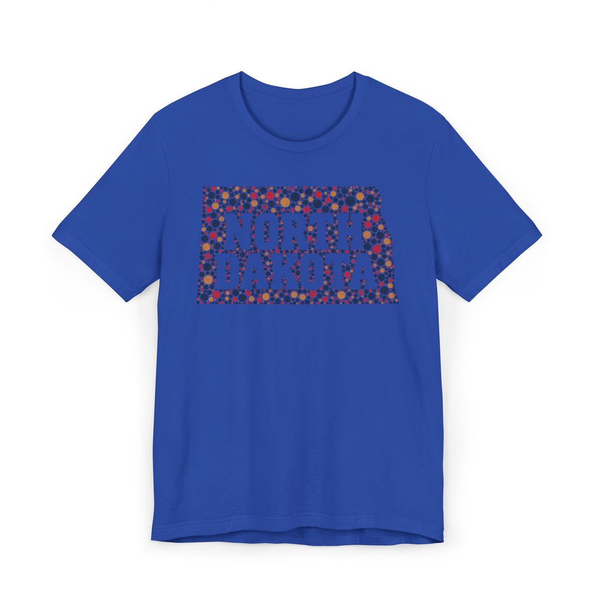 Royal blue T-shirt with colorful “NORTH DAKOTA” floral map graphic on front