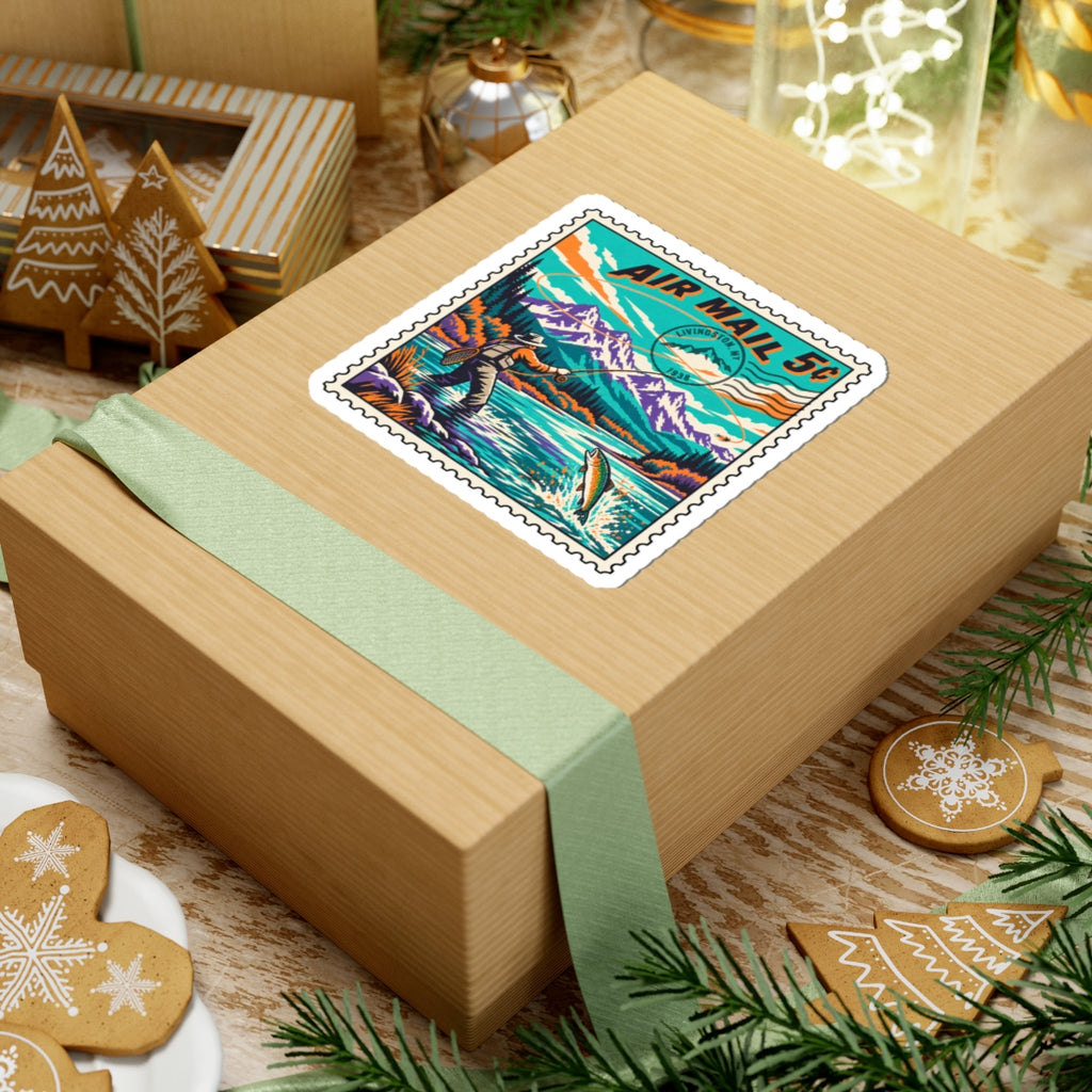 Air mail stamp vinyl sticker on a wrapped gift box with colorful fishing and mountain river art