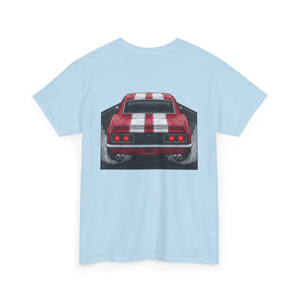 Light blue T-shirt with vintage rear red muscle car graphic on the chest
