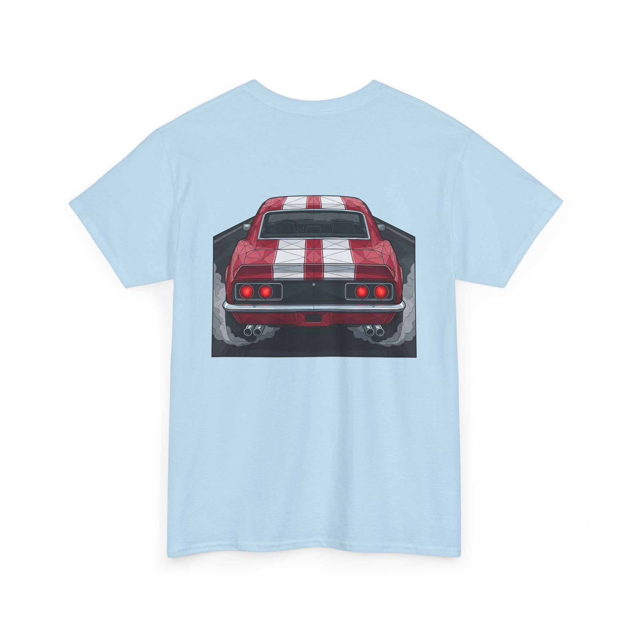 Light blue T-shirt with vintage rear red muscle car graphic on the chest