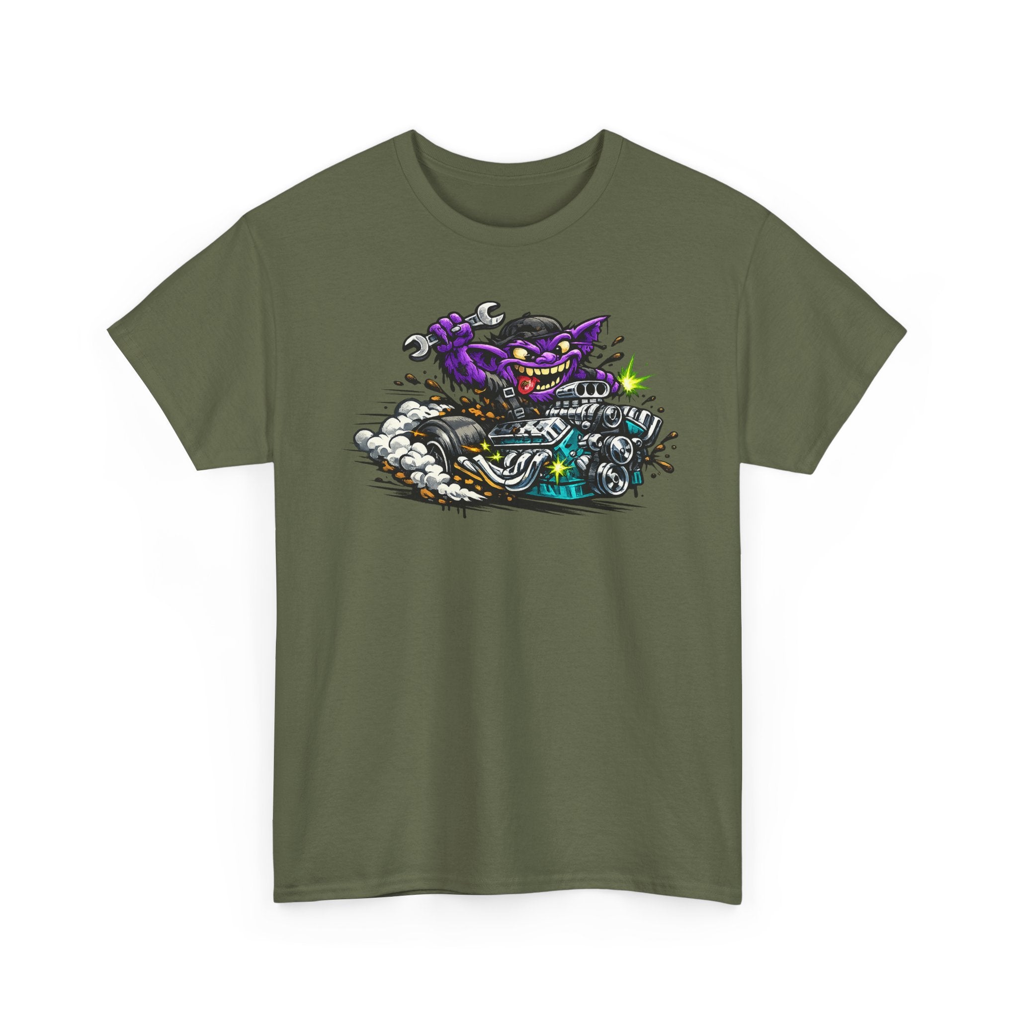 Unisex military green T-shirt with purple grinning cat biker motorcycle graphic on front.