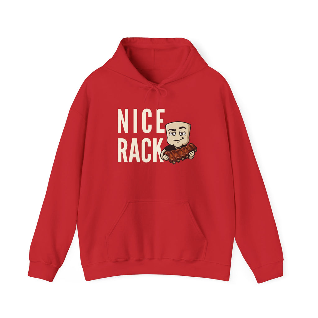 Red hoodie with kangaroo pocket and “Nice Rack” rib graphic