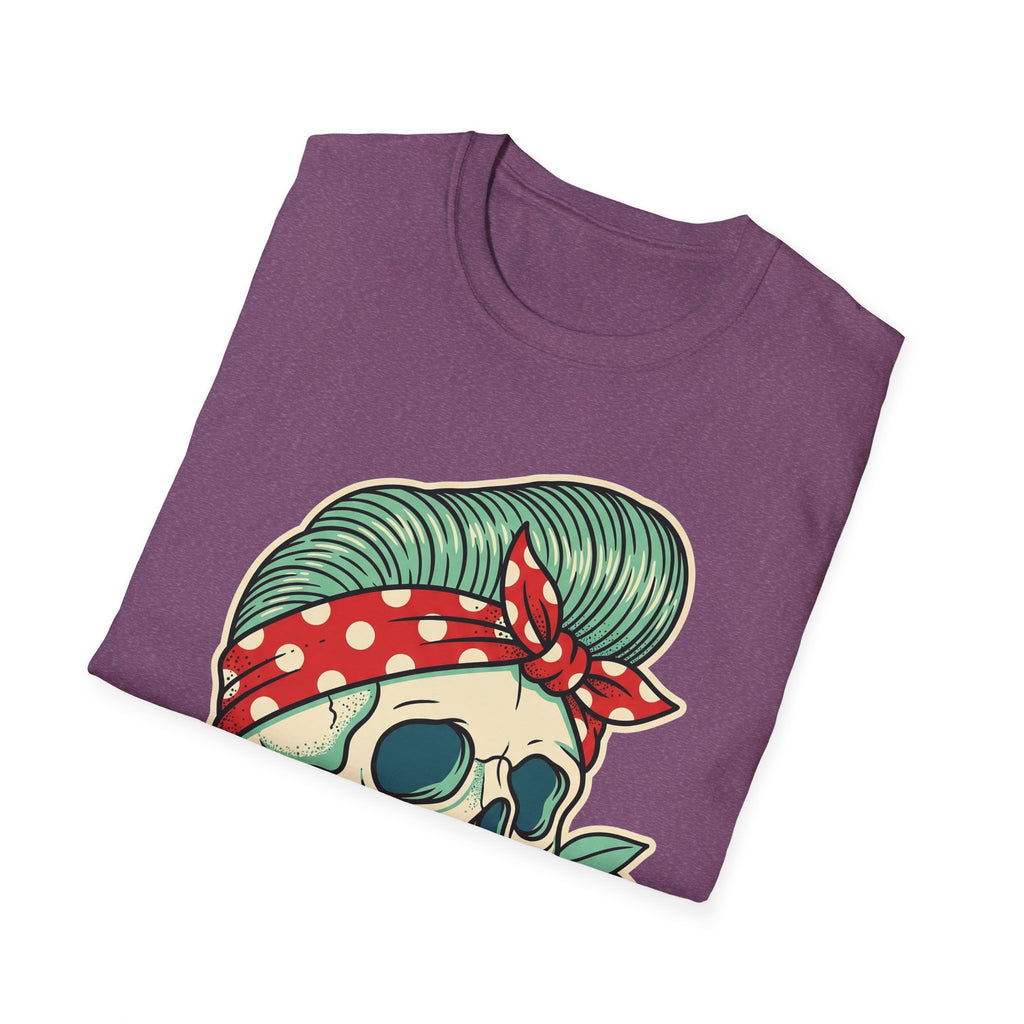 Rockabilly sugar skull T-shirt, heather purple, pinup bandana and cherry graphic