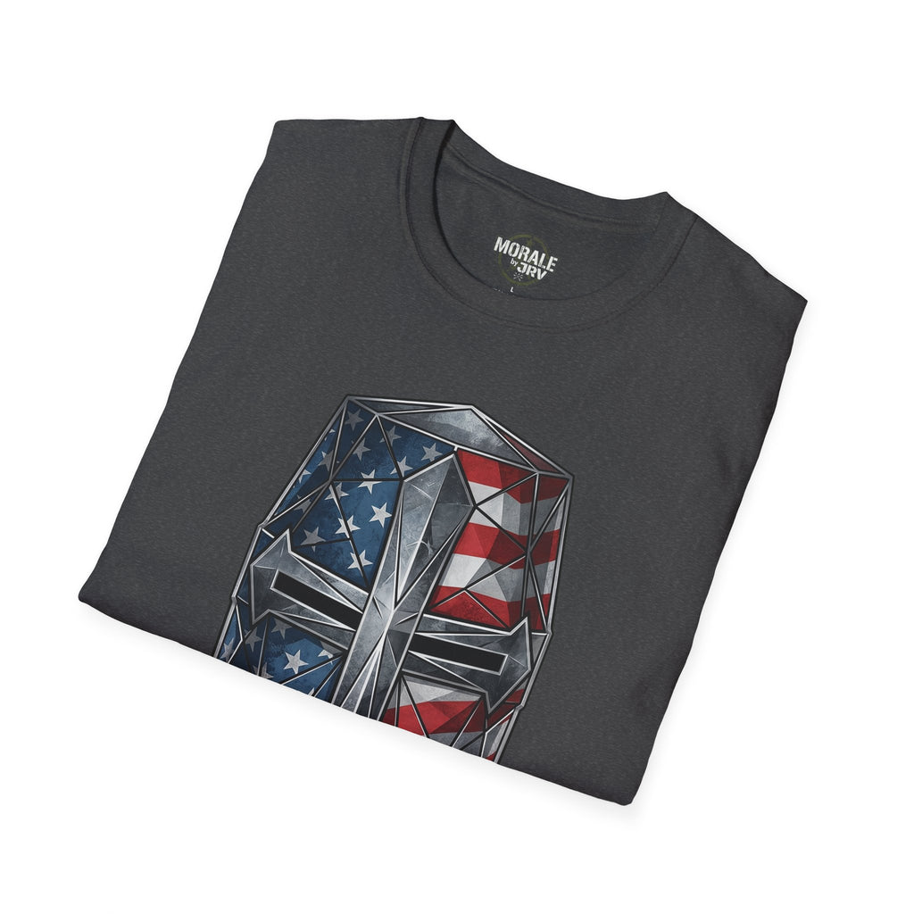 Dark heather T-shirt with 3D American flag helmet graphic on the front