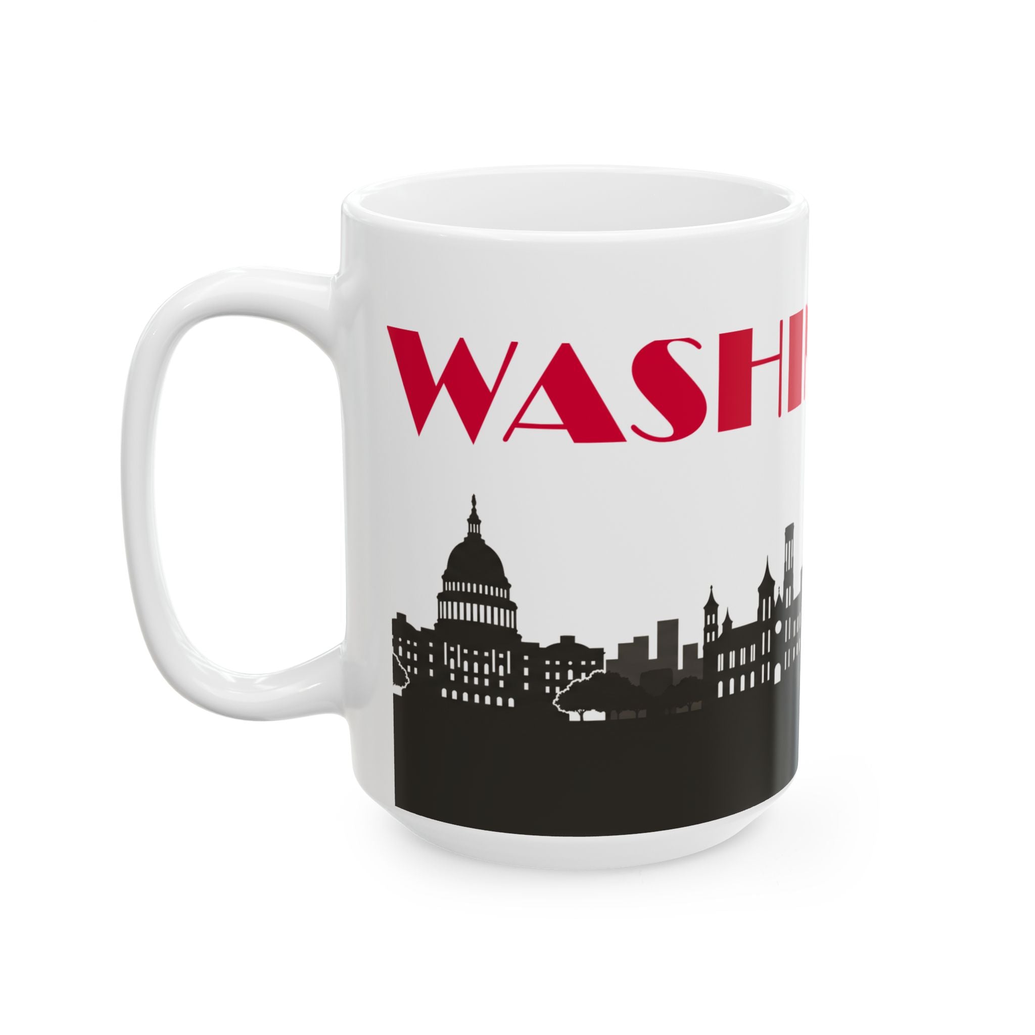 White ceramic mug with red 'WASH' text and black Capitol-style skyline print