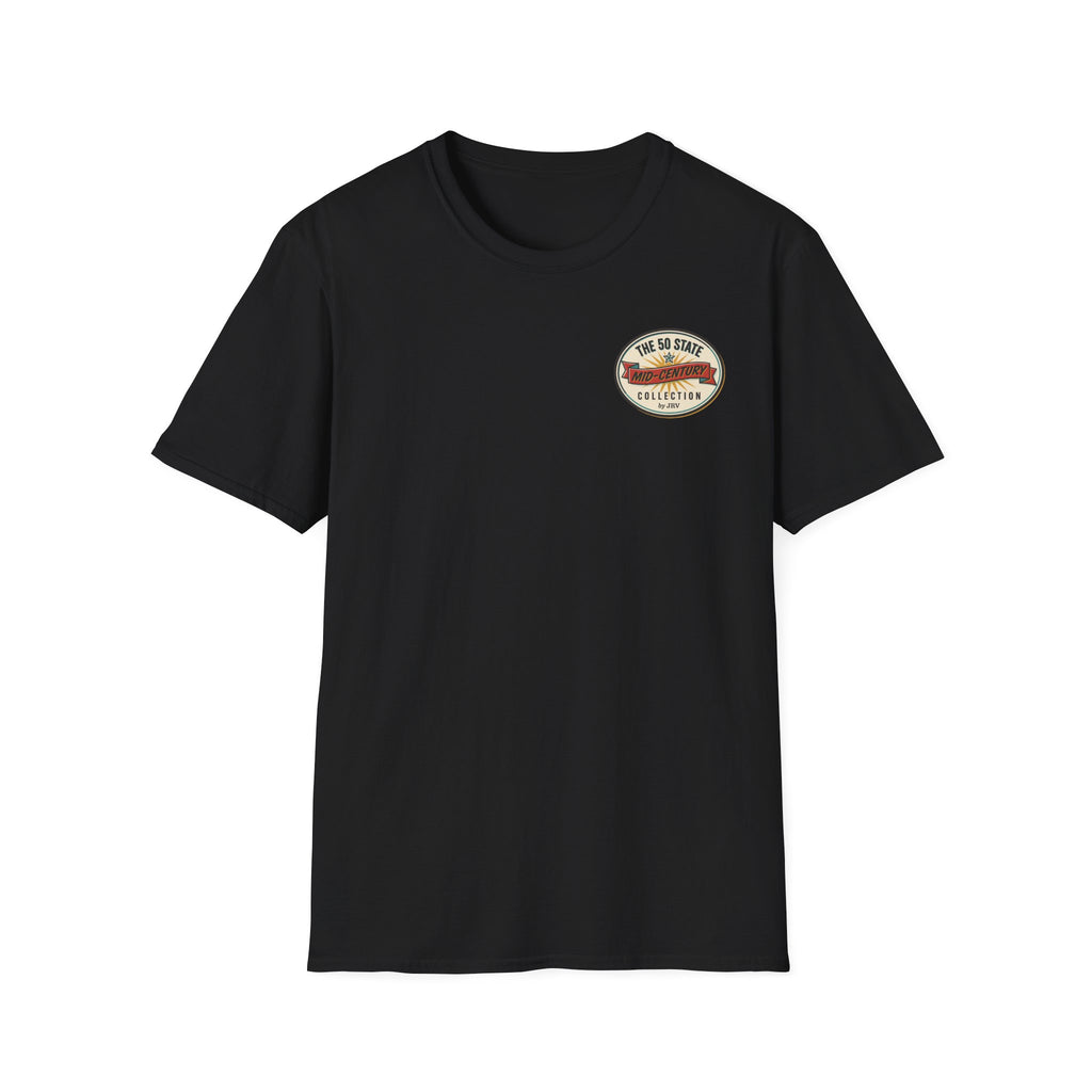 Black crewneck T-shirt with small round logo patch on left chest