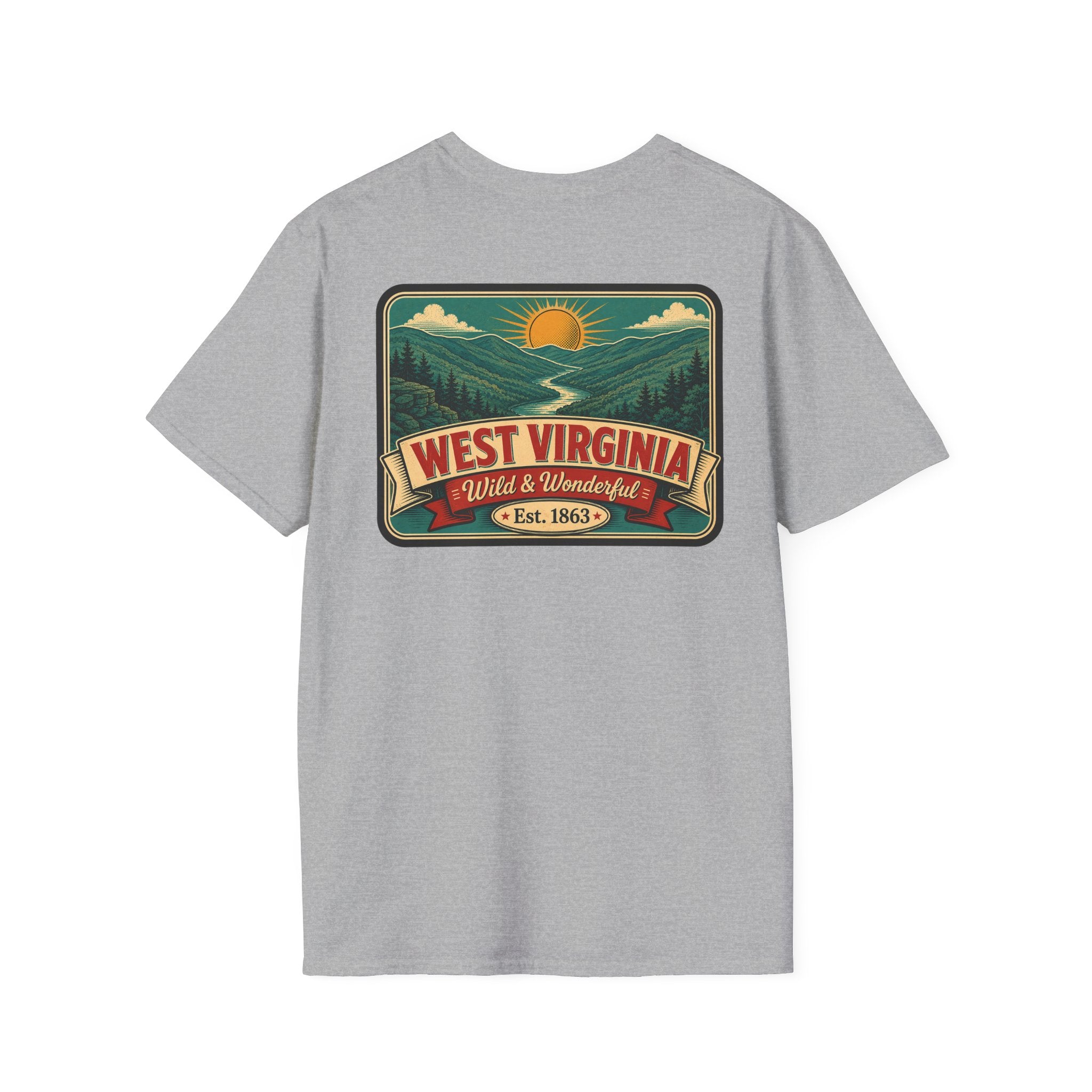 Gray West Virginia “Wild & Wonderful” graphic t-shirt, Est. 1863 badge.