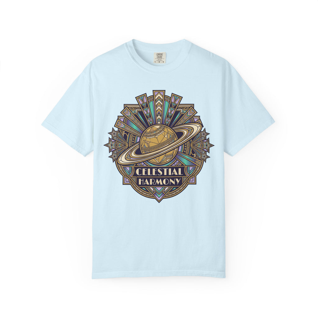 Light blue crewneck T-shirt with Saturn-like celestial graphic on the chest
