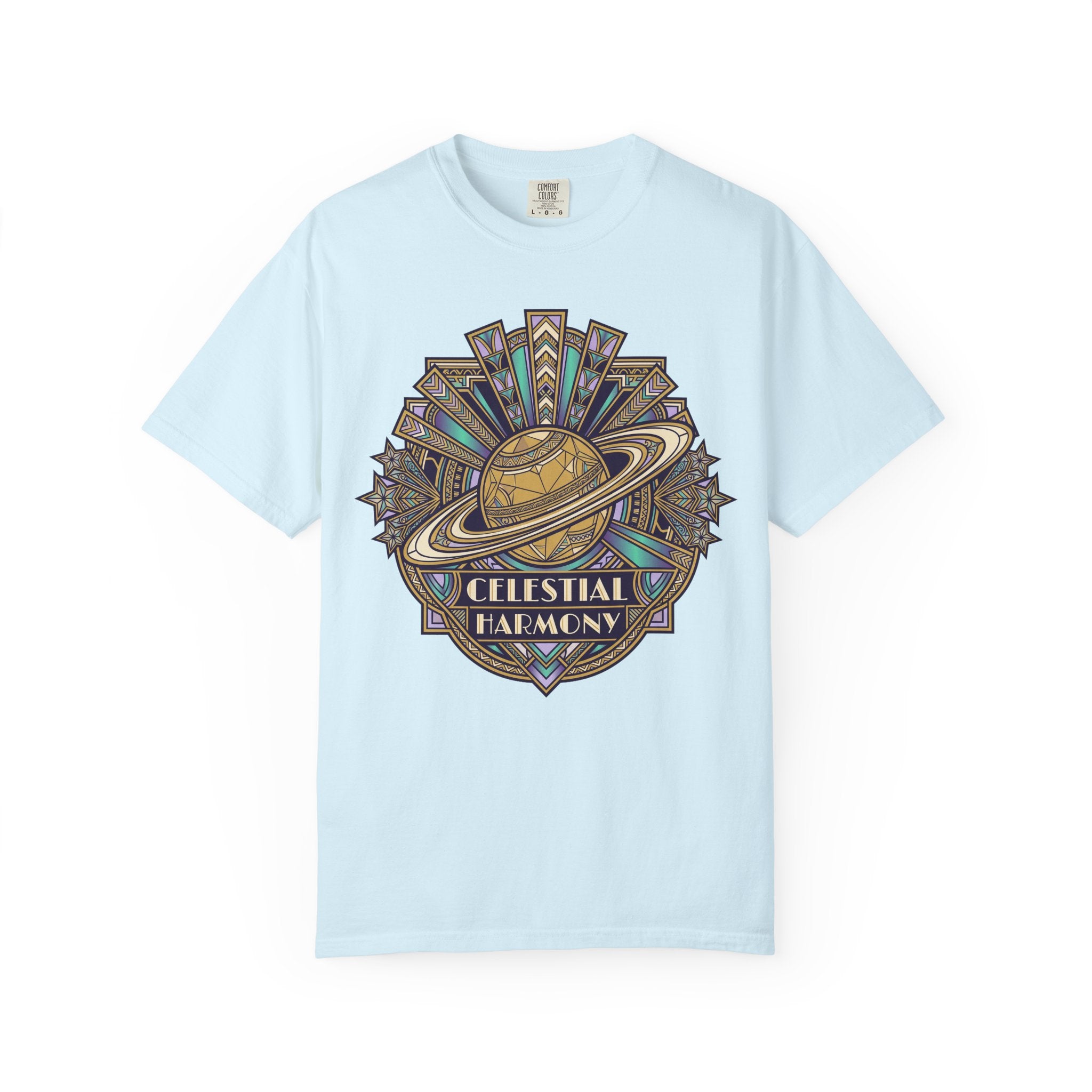 Light blue crewneck T-shirt with Saturn-like celestial graphic on the chest