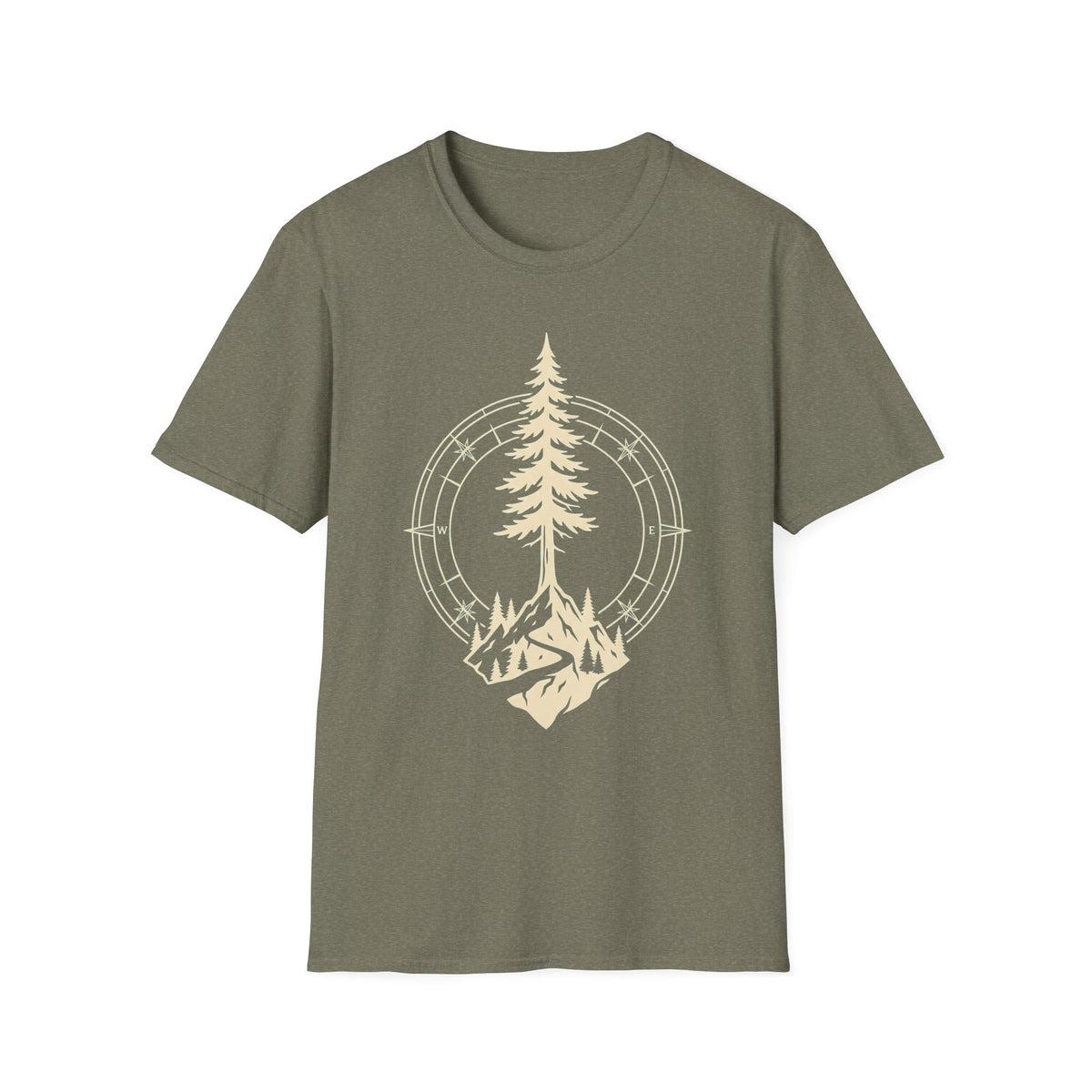 Olive green crewneck t-shirt with centered white pine tree and mountain circle graphic