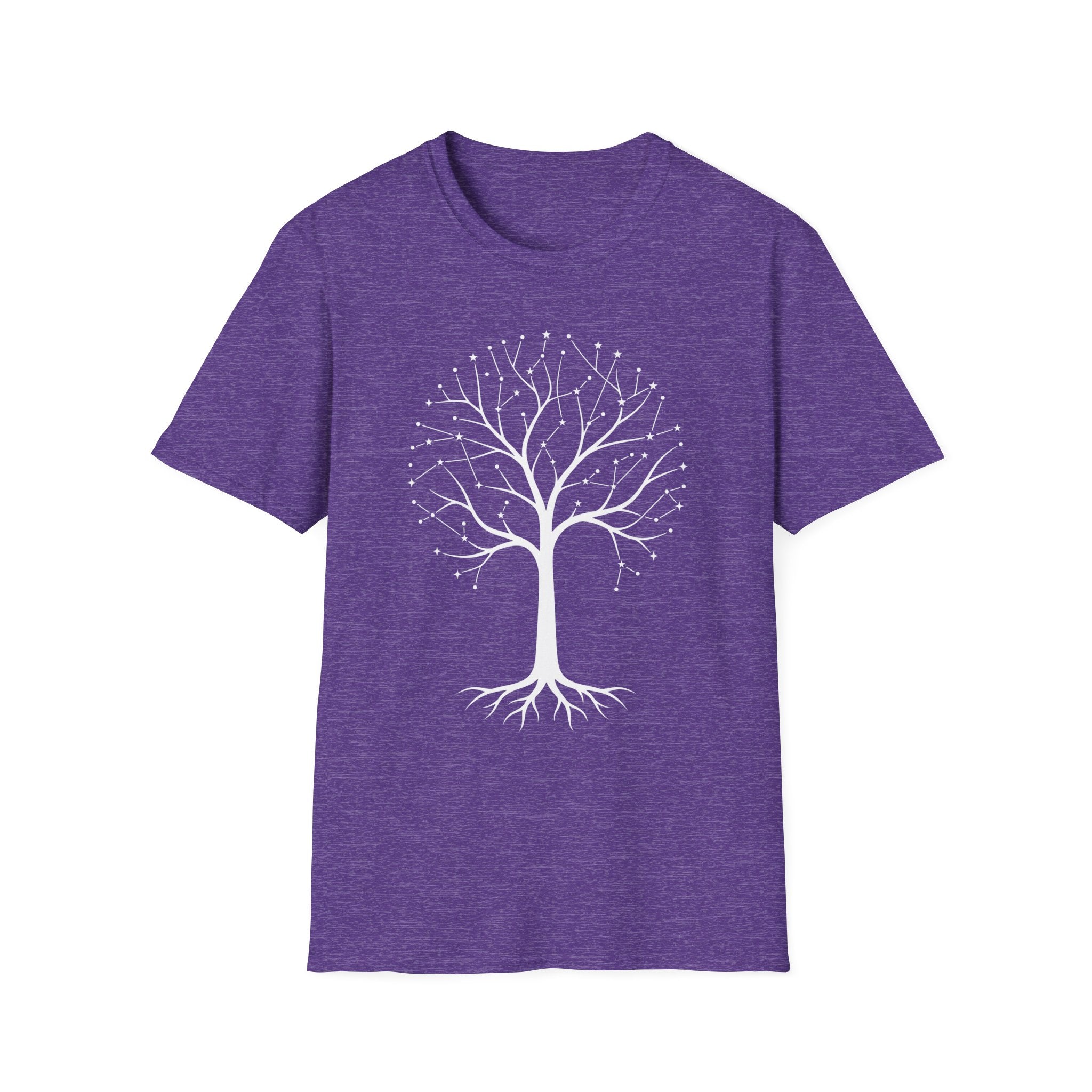 Camiseta morada con árbol de la vida en constelación y raíces botánicas blancas