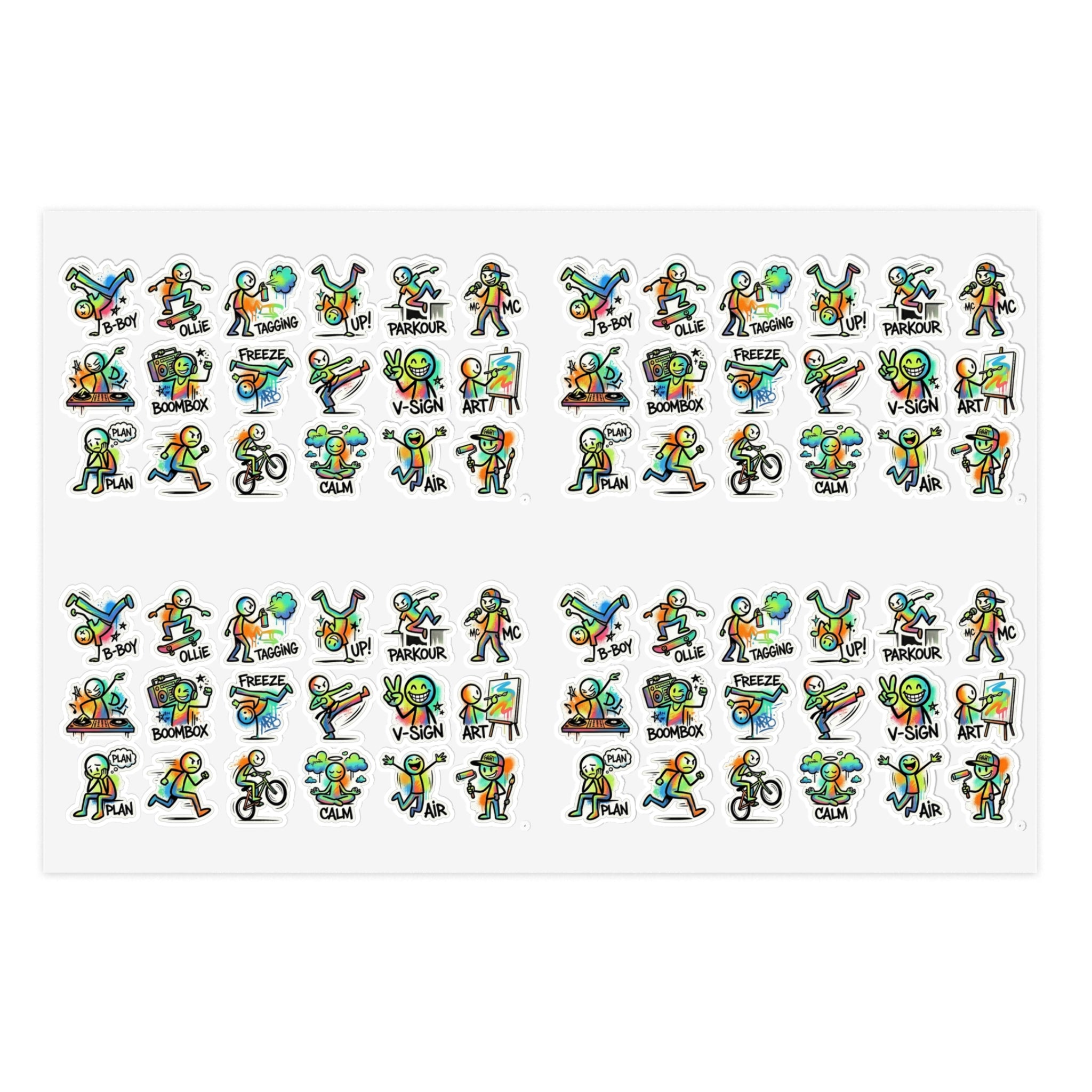 Sticker sheet with small die-cut character icons in a neat grid for planners